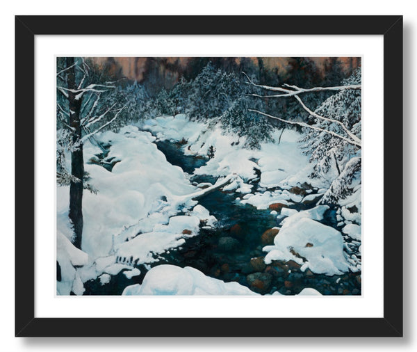 This beautiful, deep winter scene comes from a spot on Crawford Brook north of Crawford Notch in the White Mountains of New Hampshire. I painted it to capture the cold, blue nature of winter and the blue depths of a stream that mirrors the chill of the air. Fine art print, 11x14 inches; available framed or unframed.