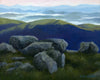Painting of a landscape with rocks and mountains in the background