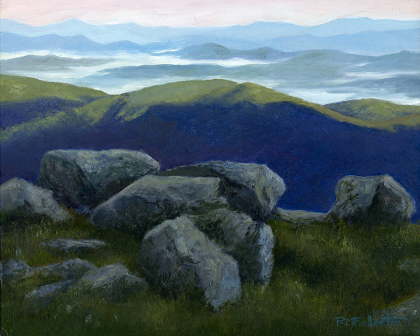 Painting of a landscape with rocks and mountains in the background