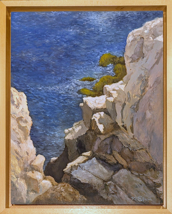 Framed oil painting of cliffs on Appledore Island, Maine, with a view down to the sea.