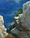 Painting of a coastal scene with rocky cliffs and blue ocean.