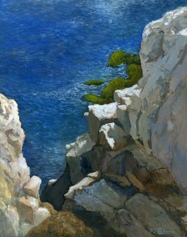 Painting of a coastal scene with rocky cliffs and blue ocean.