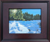 Even in the deepest depths of winter there are days when the sun feels truly warm. The edge of every shadow still holds the cold, as if its blue color alone was the source of its temperature. Framed 8x10 inch oil on panel painting. White Mountains, New Hampshire art by Rebecca M. Fullerton, Landscape Painter.