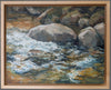 Framed painting of a stream with rocks and water flowing