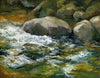 Oil painting of a stream with rocks and flowing water