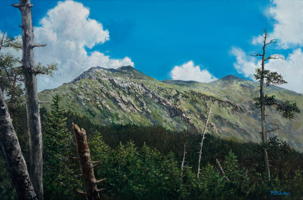 Mountain landscape painting with trees and a clear blue sky by Rebecca M. Fullerton.