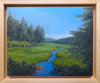 Though it may not be much fun to slog through a long hike on a hot, humid summer day, there is a lovely quality to the air. The greens of blues of water and woods soften. The heat makes you slow down, abandon ambitious plans to sit in the shade. Luminous 8x10 inch oil painting on panel, framed. White Mountains, NH.