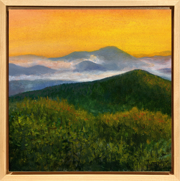  This oil painting captures the beauty of mountain slopes bathed in the golden light of the setting sun. The 8x8 inch painting is framed in a 9x9 inch hardwood float frame, signed by the artist, and wired and ready to hang.