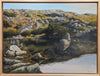Original fine art landscape oil painting of a stunning alpine lake nestled in the rocky ravines of Mount Washington, New Hampshire's highest peak. The glassy waters reflect the sky and the surrounding alpine plants, rocks, and stunted trees, creating a magical scene of mountain wilderness.  This 18 x 24 inch oil on panel painting is framed in a 19.5 x 25.2 inch, 1.9 inch deep hardwood float frame and is signed by the artist. It is wired and ready to hang.