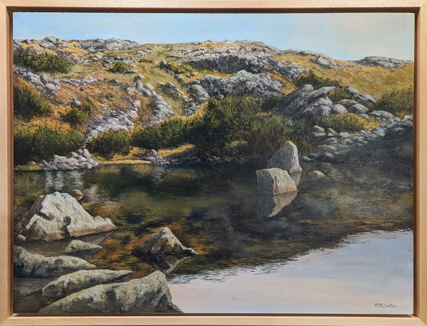 Original fine art landscape oil painting of a stunning alpine lake nestled in the rocky ravines of Mount Washington, New Hampshire's highest peak. The glassy waters reflect the sky and the surrounding alpine plants, rocks, and stunted trees, creating a magical scene of mountain wilderness.  This 18 x 24 inch oil on panel painting is framed in a 19.5 x 25.2 inch, 1.9 inch deep hardwood float frame and is signed by the artist. It is wired and ready to hang.