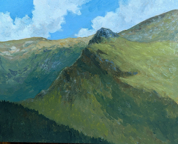 Painting of Lion Head beside Tuckerman Ravine in New Hampshire's White Mountains with green slopes and a blue sky.