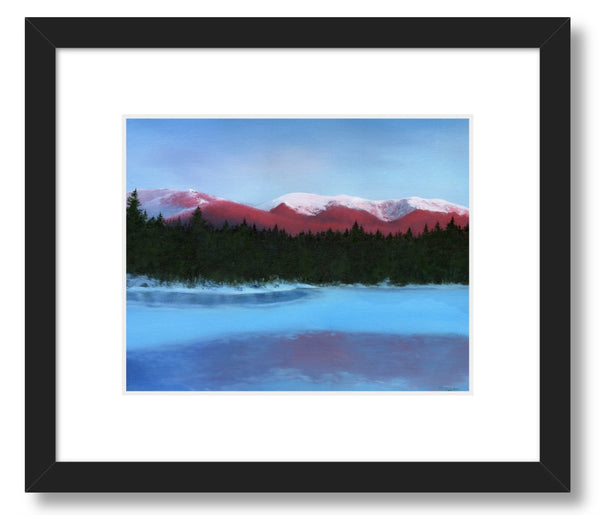 Alpenglow is a phenomenon that happens when the sun is just below the horizon and it lights up the mountains and clouds with gorgeous pink light. You'll see it in the winter here in the White Mountains of New Hampshire if you're out at dawn or sunset. Fine art print, 11x14 inches; available framed or unframed.