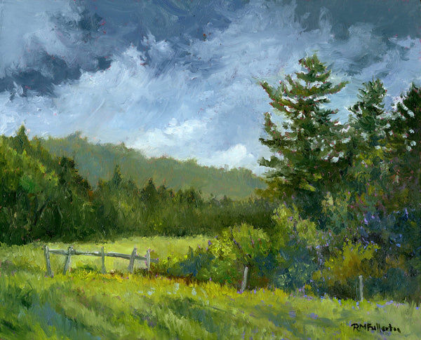 Painting of a landscape with a wooden fence, grassy field, and trees under a blue sky.