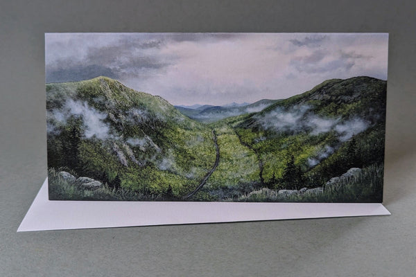 I just love Mount Willard, perched above Crawford Notch in New Hampshire's White Mountains. The first green leaves of spring are always a wonderful surprise as the forest reawakens. Panoramic 4x8" greeting cards. High quality prints of paintings on archival felted cardstock. Certified by the Forest Stewardship Council.