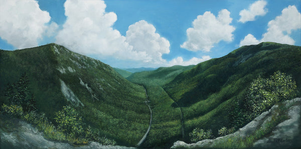 I just love Mount Willard, perched above Crawford Notch in New Hampshire's White Mountains. The first green leaves of spring are always a wonderful surprise as the forest reawakens. Panoramic 4x8" greeting cards. High quality prints of paintings on archival felted cardstock. Certified by the Forest Stewardship Council.
