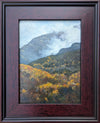 On a chilly day this autumn I stood at the base of the Mount Washington Auto Road and painted this slice of mountain slopes. I painted quickly to capture the clouds as they whisked in and out of the ravines, obscured the mountain altogether, then lifted and flew off. Framed 9x12 inch oil on panel. White Mountains, NH.