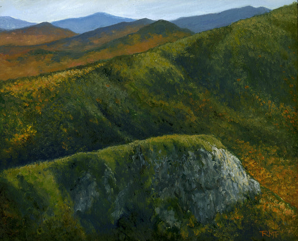 Painting of a mountain landscape with fall foliage and a cliff.