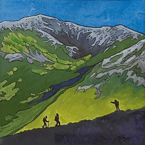 A watercolor and ink painting depicting the silhouettes of three hikers climbing on the Presidential Range with Mount Washington in the background.
