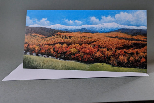The Presidential Range of the White Mountains is stunning in all seasons, but most spectacular in autumn. A breath of winter can sweep in, turning the summits snowy white. Panoramic 4x8" greeting cards. High quality prints of paintings on archival felted cardstock. Certified by the Forest Stewardship Council.