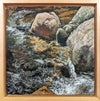 "Rocks and Water and Sun" 8x8 inch oil painting on panel
