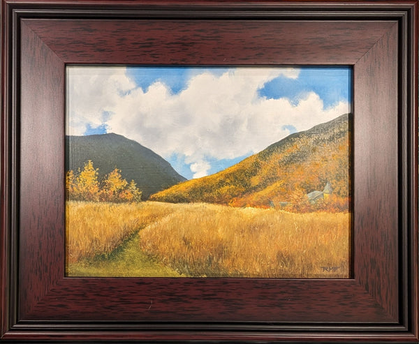 Oil painting of Crawford Notch in autumn, White Mountains, New Hampshire.  The painting depicts a classic view of the head of Crawford Notch, with its towering peaks and colorful foliage. The artist captures the vibrant hues of autumn, from the fiery reds and oranges of the maple trees to the golden yellows of the birch trees. The painting is framed in a dark walnut frame and is signed by the artist. It is ready to hang on your wall and will bring the beauty of autumn to your home.