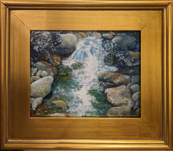 "Rocky Stream" is an 8 by 10 inch oil on panel landscape painting of water sparkling and falling over river rocks in a stream in the White Mountain National Forest of New Hampshire.