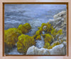 Framed oil painting of seaweed-covered rocks and cliffs along the shore of Appledore Island, Maine.
