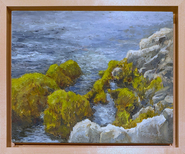 Framed oil painting of seaweed-covered rocks and cliffs along the shore of Appledore Island, Maine.