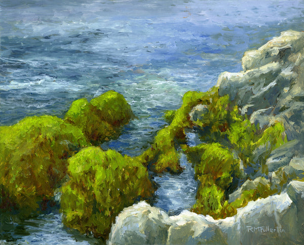 Oil painting of seaweed-covered rocks and cliffs along the shore of Appledore Island, Maine.
