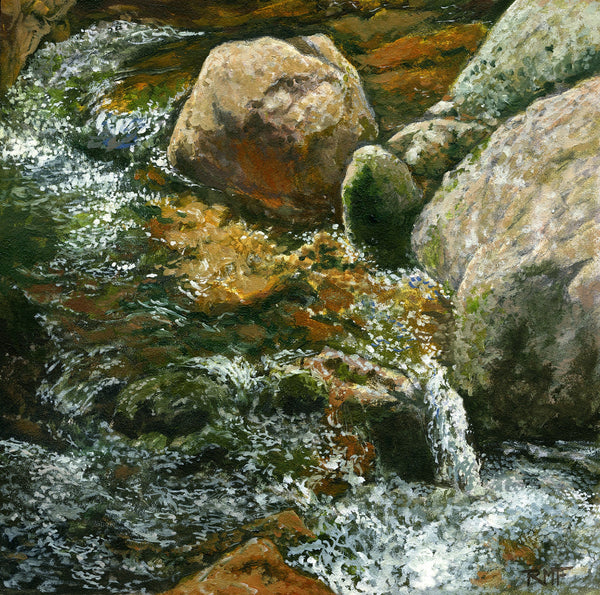 Sparkling water flows around, down and over sun-warmed rocks in a mountain stream. Mosses and algae glow green while the water reflects ochres, browns and pale blues as the stream flows by. This small oil painting captures the magic of mountain waters on a gorgeous summer day.