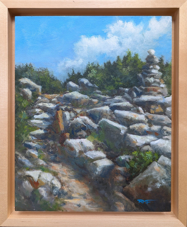 Mount Moosilauke is an alluring place. Set apart from the rest of the White Mountains, its wide, open meadow top is so enchanting. The old carriage roads and winding trails approach from all directions leading to new views around every corner. Luminous 8x10 inch oil painting on panel, framed. White Mountains, NH.