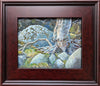 "Roots and Rocks" is an 8 by 10 inch oil painting on panel by Rebecca M. Fullerton, depicting gray, granite rocks, green grasses and moss, and the twisting roots of a silver birch.