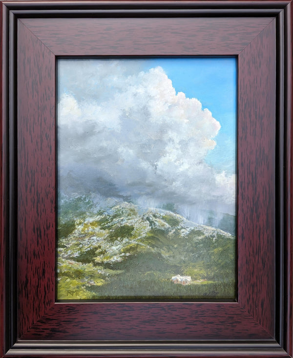  This oil on panel painting depicts a dramatic scene of thunderheads building up and cresting the ridge of Mount Adams, with the safety of Madison Spring Hut sitting just below. The painting is a reminder of the ever-changing weather conditions in the White Mountains, where storms can sweep in quickly. The painting is 9 x 12 inches and framed in a 14 x 17 inch walnut-toned wood frame. It is signed by the artist and wired and ready to hang.