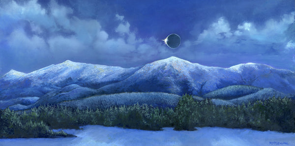 Oil painting of a total solar eclipse over snowy Mount Washington and the Presidential Range, New Hampshire.