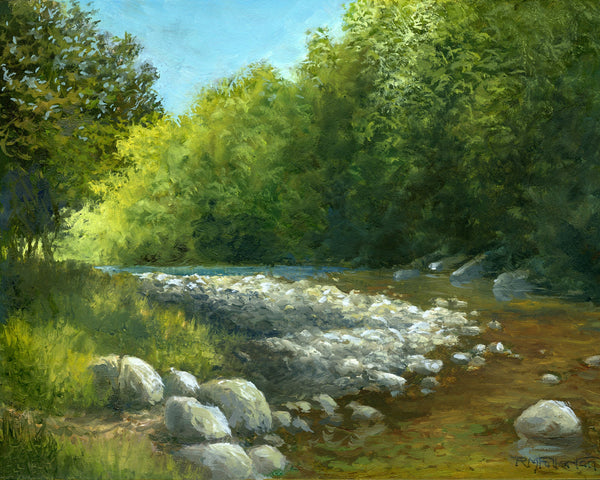 Painting of a river with rocks and trees along the shore