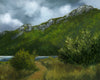 Painting of a mountain landscape with a path and trees