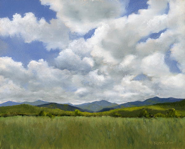Scenic landscape with green field, trees, and mountains under a blue sky with white clouds.