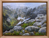 One incredibly tiny skier can be seen making a run on the last remaining snow patches of Tuckerman Ravine on Mount Washington, NH, in this 9 by 12 inch oil painting.