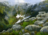 One incredibly tiny skier can be seen making a run on the last remaining snow patches of Tuckerman Ravine on Mount Washington, NH, in this 9 by 12 inch oil painting.