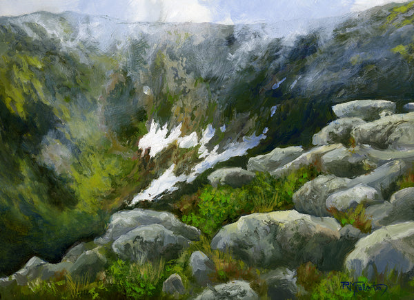 One incredibly tiny skier can be seen making a run on the last remaining snow patches of Tuckerman Ravine on Mount Washington, NH, in this 9 by 12 inch oil painting.