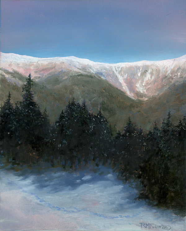 Painting of a mountain landscape with trees and snow