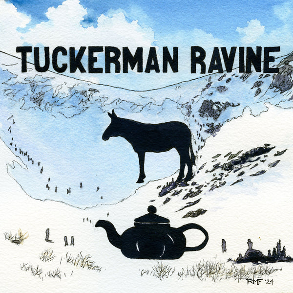Illustration of a donkey and teapot with 'Tuckerman Ravine' text against a mountainous background.