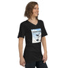 A woman wearing a black short sleeve V-neck t-shirt with a graphic print of Tuckerman Ravine: A** Over Teakettle, a shirt designed for skiers.