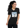 A woman wearing a black short sleeve V-neck t-shirt with a graphic print of Tuckerman Ravine: A** Over Teakettle, a shirt designed for skiers