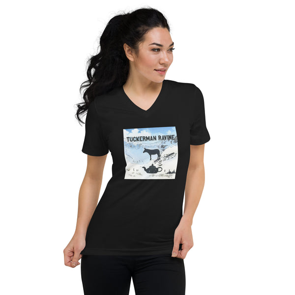 A woman wearing a black short sleeve V-neck t-shirt with a graphic print of Tuckerman Ravine: A** Over Teakettle, a shirt designed for skiers