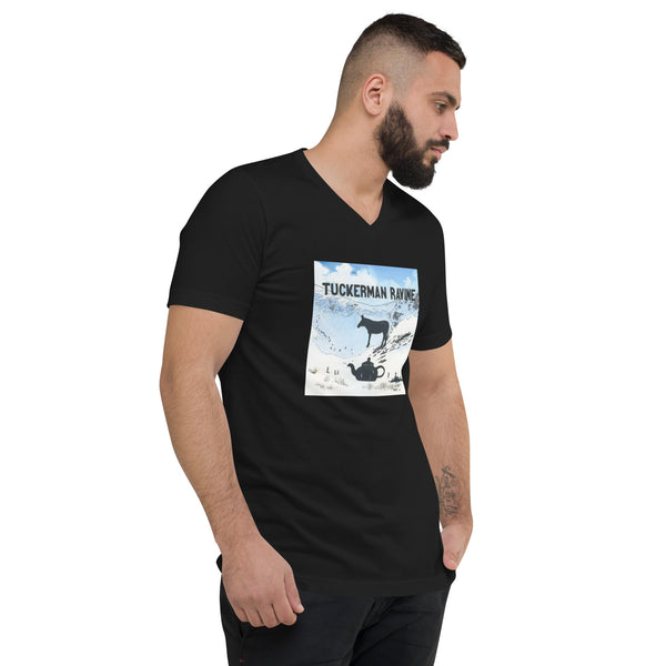 A man wearing a black short sleeve V-neck t-shirt with a graphic print of Tuckerman Ravine: A** Over Teakettle, a shirt designed for skiers