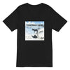 A black short sleeve V-neck t-shirt with a graphic print of Tuckerman Ravine: A** Over Teakettle, a shirt designed for skiers
