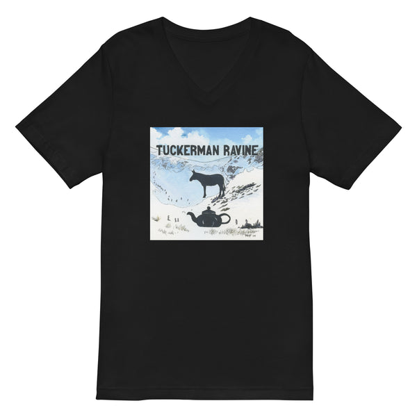 A black short sleeve V-neck t-shirt with a graphic print of Tuckerman Ravine: A** Over Teakettle, a shirt designed for skiers