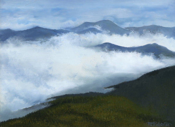 Seeing clouds settle like pools in the valley below a mountain range is one of my favorite phenomenon. This is a view down along the Crawford Path looking south into the Pemigewasset Wilderness where, in the early evening clouds rolled like ocean waves between the peaks.