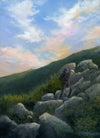 Painting of a person hiking on rocky terrain with a scenic mountain landscape and colorful sky.